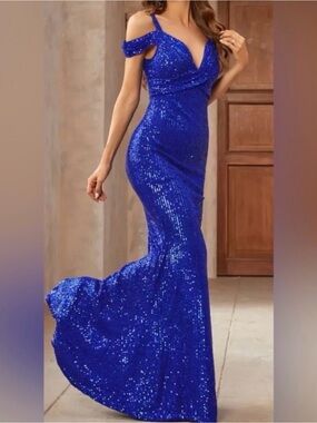 Royal Blue Sequin Off-Shoulder Evening Gown